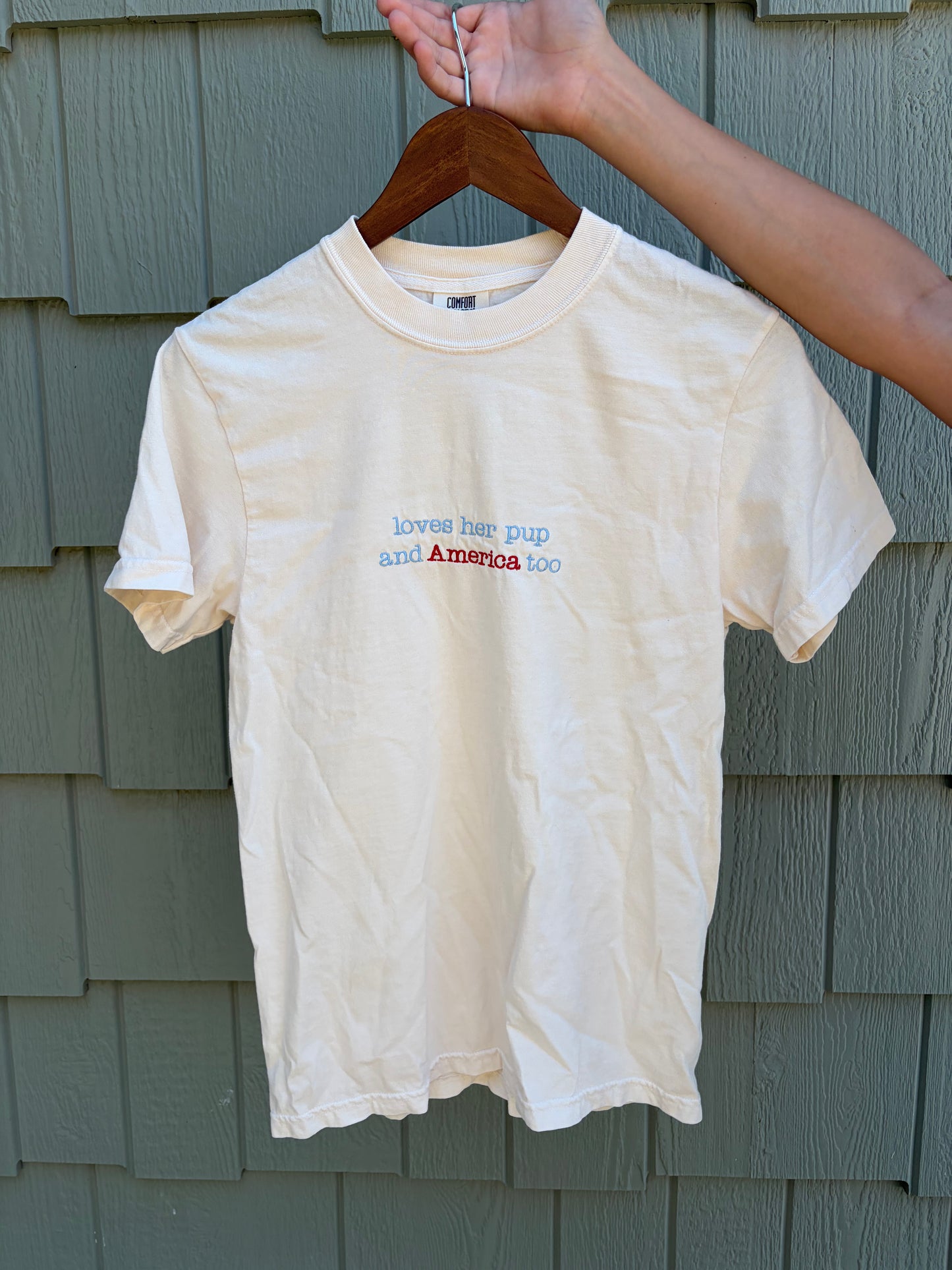 “Loves Her Pup and America Too” Embroidered Tee