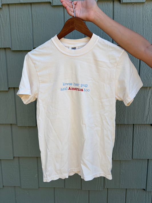 “Loves Her Pup and America Too” Embroidered Tee