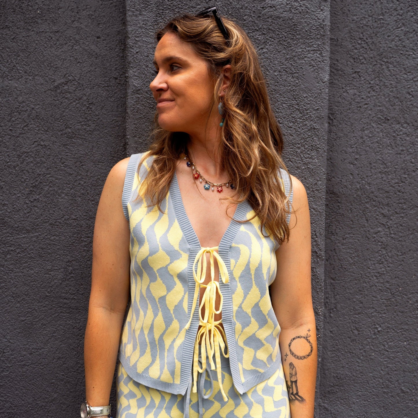 Seaside Swirl Human Cotton Knitted Tunic Vest with Tie Front