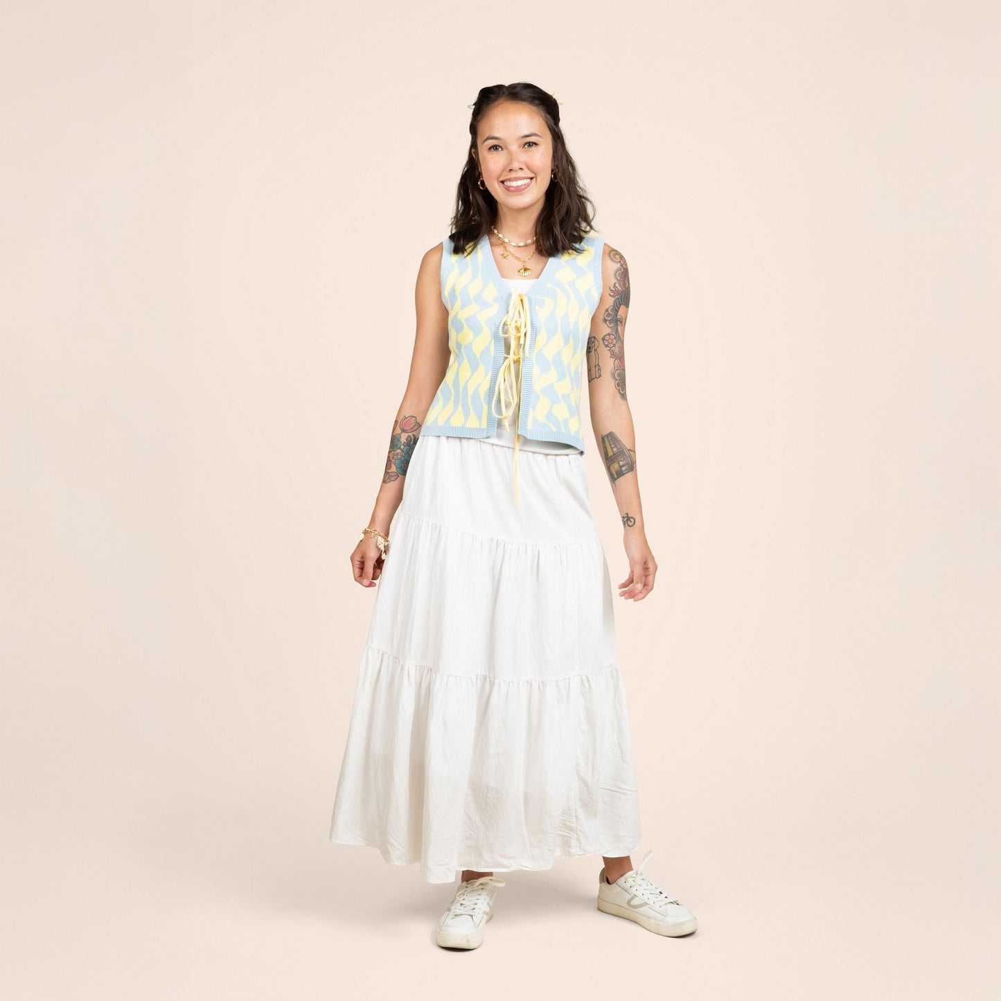 Seaside Swirl Human Cotton Knitted Tunic Vest with Tie Front